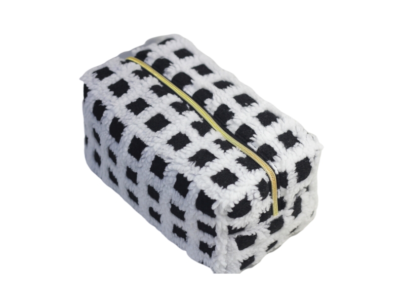 PK22233 White and Black Plaid Sherpa Cosmetic Pouch